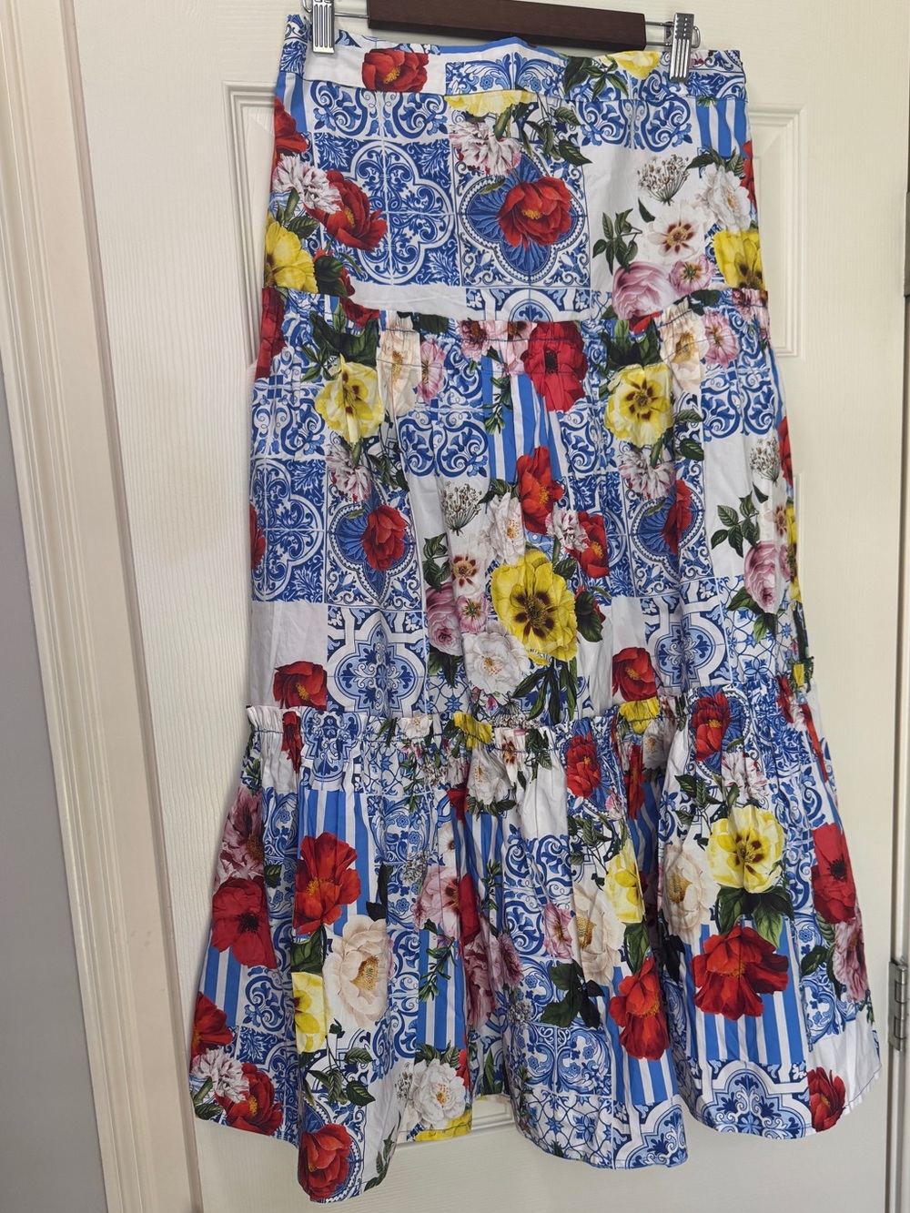 Boston Proper Tiered A-line Skirt Women’s M Cotton Floral striped Side Zip - Picture 2 of 5